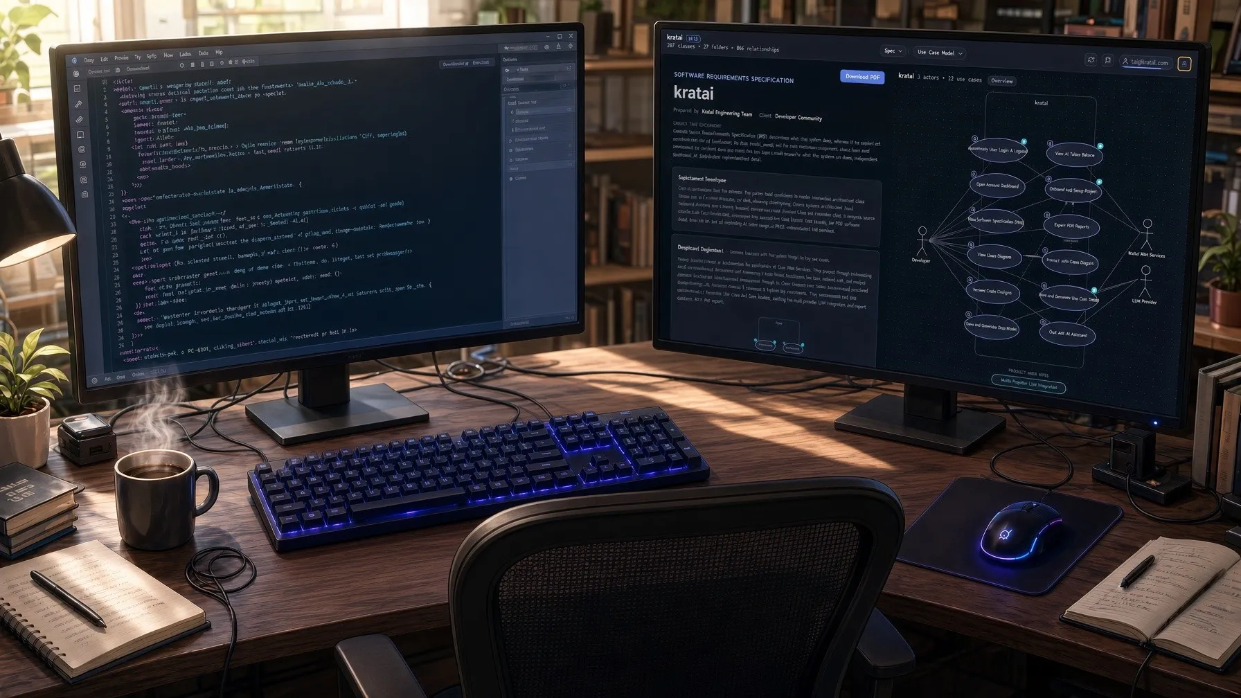A developer's desk with two monitors: a code editor on the left, kratai's spec and Use Case Model diagram on the right
