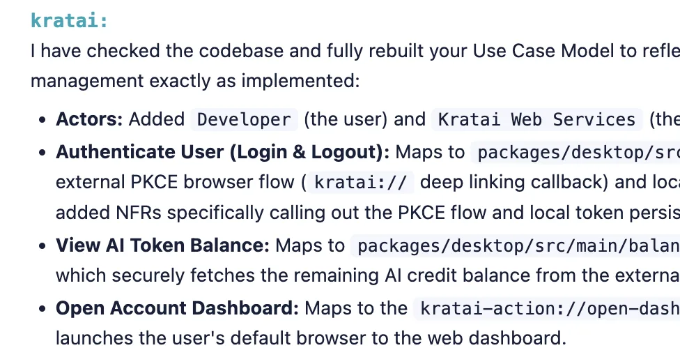 kratai chat grounded in real code, rebuilding the Use Case Model