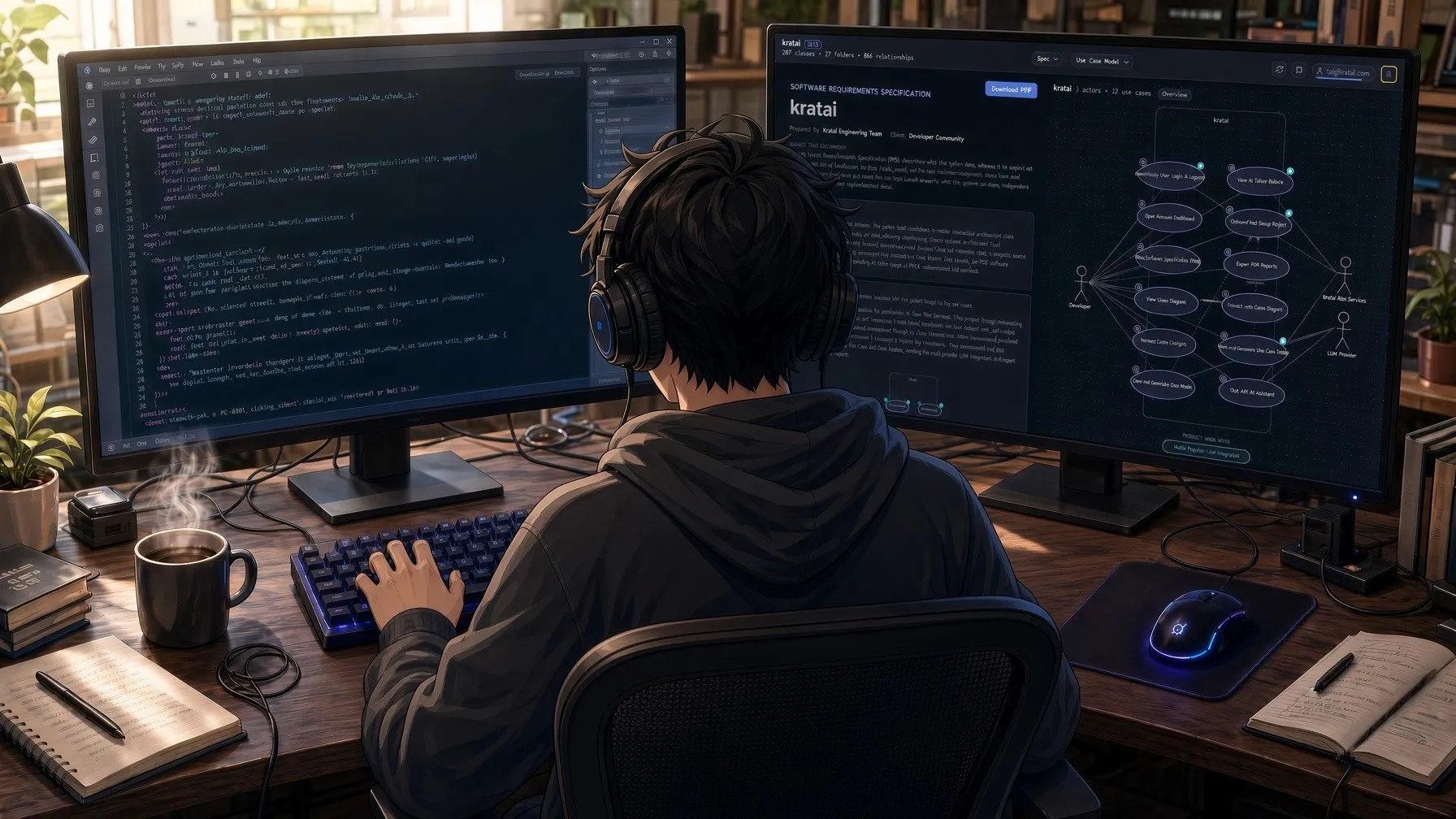 A developer working at a two-monitor desk, one screen running an AI coding agent and the other running kratai, side by side